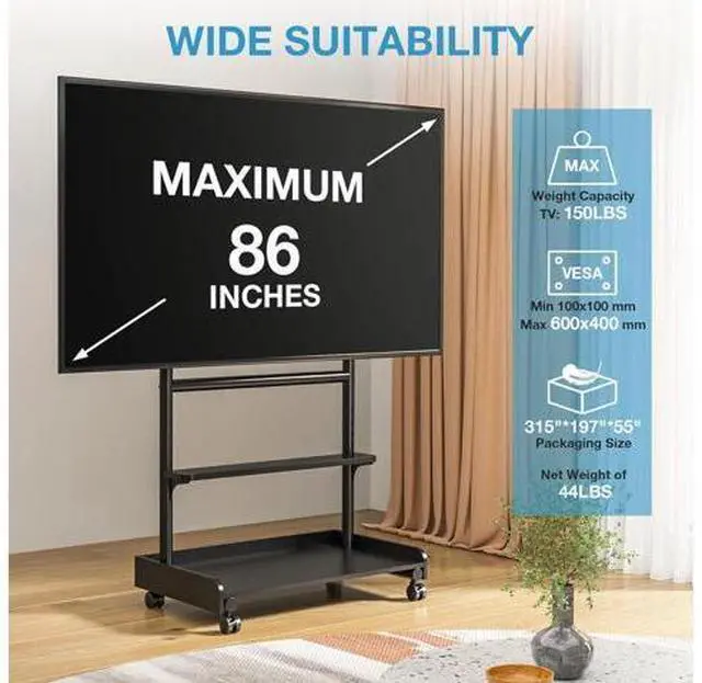 Alt view image 6 of 7 - YOMT 40-86 Inch L Shape Universal TV Stand - 1.57in Round Tube, 68kg Capacity, 6-Position Height Adjustable, Tilt, Wire Management Mobile