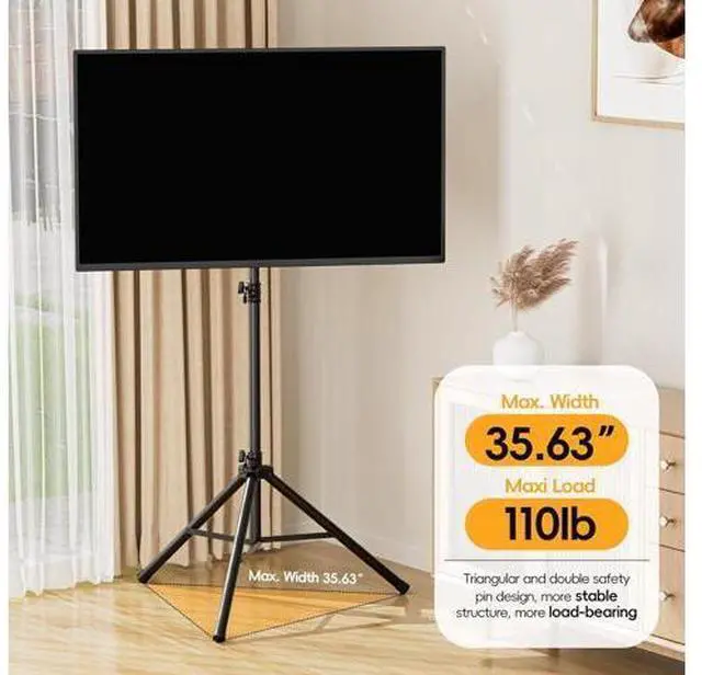 Alt view image 2 of 6 - Portable Tripod TV Stand for 25 to 65, 70-inch Television with ±15°Tilt, 5 Pillar Height, Dual Safety Pins, Tall Tvstand Maxi Load 110 lbs, for Bedroom, Living Room and Outdoors, Black