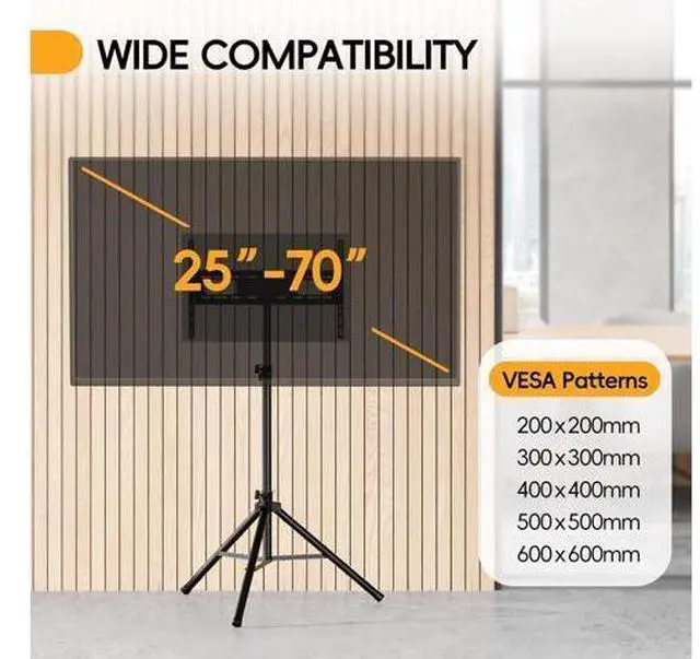 Alt view image 4 of 6 - Portable Tripod TV Stand for 25 to 65, 70-inch Television with ±15°Tilt, 5 Pillar Height, Dual Safety Pins, Tall Tvstand Maxi Load 110 lbs, for Bedroom, Living Room and Outdoors, Black