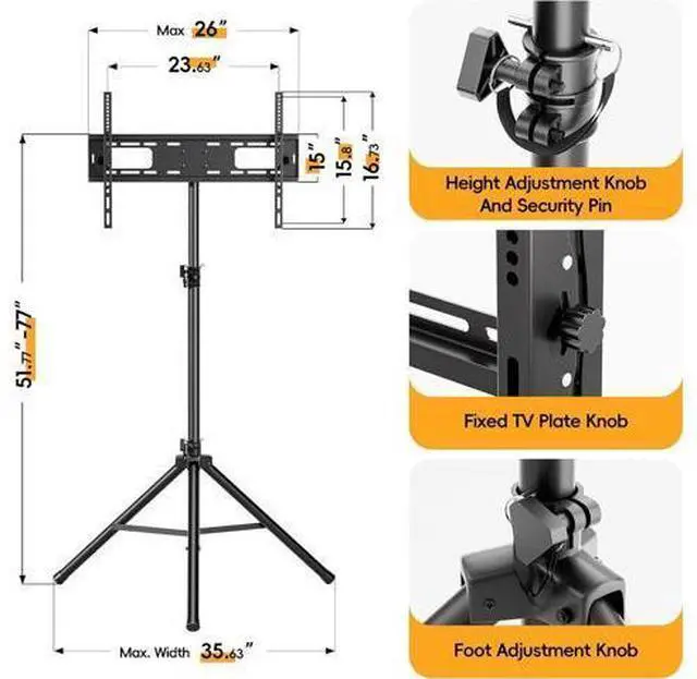 Alt view image 5 of 6 - Portable Tripod TV Stand for 25 to 65, 70-inch Television with ±15°Tilt, 5 Pillar Height, Dual Safety Pins, Tall Tvstand Maxi Load 110 lbs, for Bedroom, Living Room and Outdoors, Black