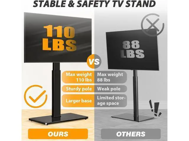 Alt view image 2 of 7 - TAVR Universal Floor TV Stand Base for 32-75 Inch TVs up to 110 Lbs with Swivel Height Adjustable Mount, Black Tempered Glass Base for Media Storage and Space Saving
