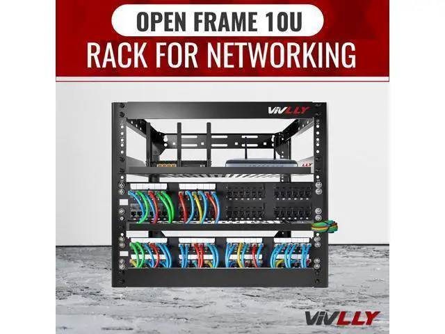 Alt view image 7 of 7 - 10U Server Rack Heavy Duty Open Frame Network Rack Mount 19 Inch - Wall Mount or Floor Standing IT Equipment Cabinet - 400lbs Capacity Networking Data Center Rack with 2 Vented Shelves - Vivlly