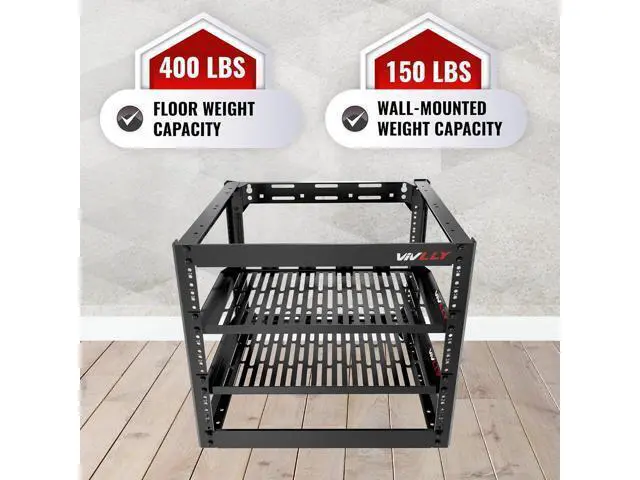 Alt view image 6 of 7 - 10U Server Rack Heavy Duty Open Frame Network Rack Mount 19 Inch - Wall Mount or Floor Standing IT Equipment Cabinet - 400lbs Capacity Networking Data Center Rack with 2 Vented Shelves - Vivlly