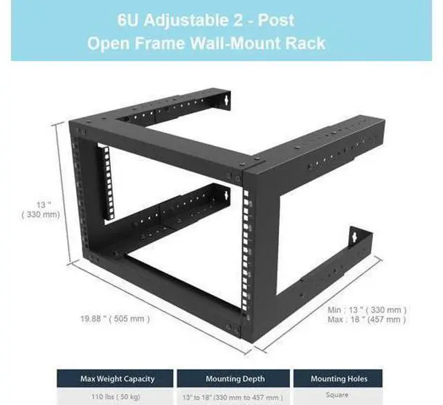 Alt view image 2 of 7 - Jingchengmei 6U Wall Mount Open Frame Rack-19 Inch Server Equipment Rack- Adjustable Depth 13-18 Inches 2 Post Open Frame Cabinet- Black (6U13-18InD)
