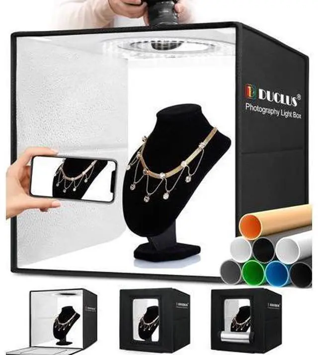 Main image of DUCLUS Light Box Photography, 16x16 Inch Photo Light Box with 160 Dimmable LED Lights (CRI 97+), 6 PVC & 2 Paper Backdrops, Portable Studio Box for Product Photography: Jewelry, Food, Shoes