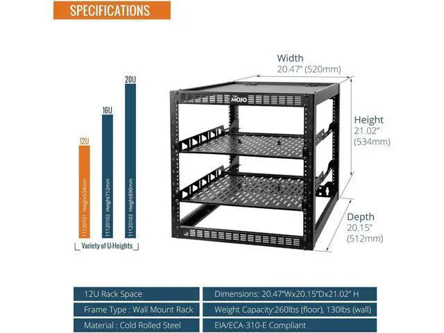 Alt view image 2 of 6 - Tecmojo 12U Open Frame Network Rack for IT & AV Gear, AV Rack Floor Standing or Wall Mounted,with 2 PCS 1U Rack Shelves & Mounting Hardware,Network Rack for 19" Networking,Audio and Video Device