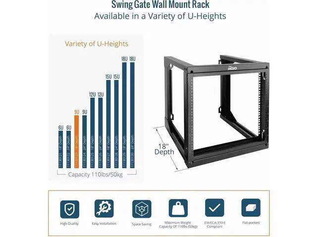 Alt view image 5 of 6 - Tecmojo 9U Wall Mount Rack, Server Rack,Open Frame Server Rack,Network Rack for 19inch Computer/AV/Data/IT/Media Equipment,18inch Depth,16inch Apart Mounting Holes,Swing Gate,Square and Tapped Holes