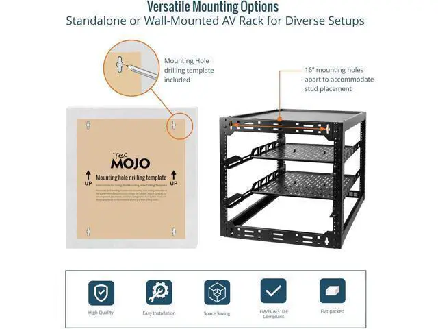 Alt view image 5 of 6 - Tecmojo 12U Open Frame Network Rack for IT & AV Gear, AV Rack Floor Standing or Wall Mounted,with 2 PCS 1U Rack Shelves & Mounting Hardware,Network Rack for 19" Networking,Audio and Video Device