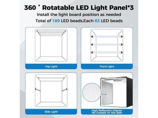 Alt view image 3 of 7 - Photo Light Box, Portable 12/16/20/24/32 Inch Photo Studio LightBox, Shooting Tent Kit with 189 Light Beads and 6 Color Backdrops. Lightbox with 3 Stepless Dimming Light Boards for Product Photography