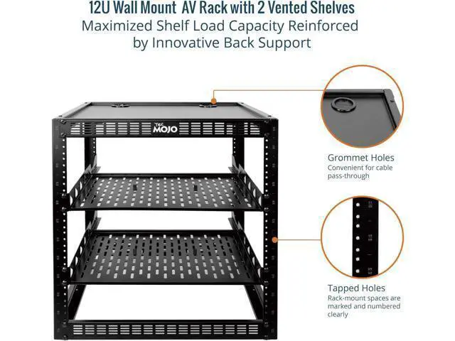 Alt view image 4 of 6 - Tecmojo 12U Open Frame Network Rack for IT & AV Gear, AV Rack Floor Standing or Wall Mounted,with 2 PCS 1U Rack Shelves & Mounting Hardware,Network Rack for 19" Networking,Audio and Video Device