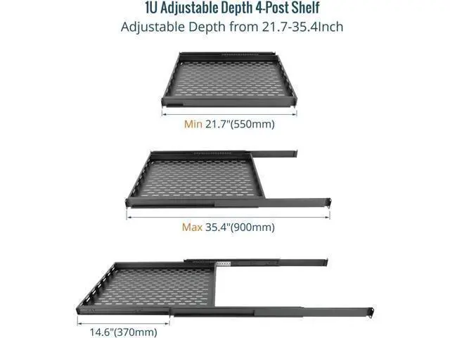 Alt view image 3 of 6 - Tecmojo 1U Sliding Rack Shelf,4-Post Vented Rack Mount Shelf,21.7in Deep with Adjustable Mounting Depth 21.7-35.4in,Supports to 110lbs,for 19 Inch AV/Network Equipment Rack,Unassembled,Black