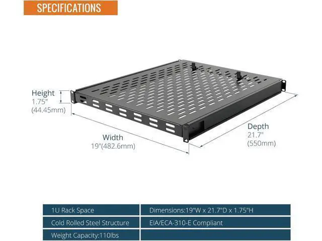 Alt view image 2 of 6 - Tecmojo 1U Sliding Rack Shelf,4-Post Vented Rack Mount Shelf,21.7in Deep with Adjustable Mounting Depth 21.7-35.4in,Supports to 110lbs,for 19 Inch AV/Network Equipment Rack,Unassembled,Black
