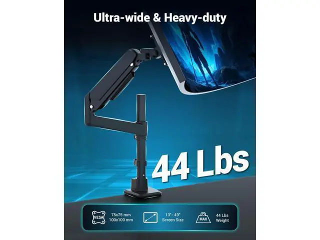 Alt view image 2 of 6 - Heavy Duty Monitor Arm for 13-49 Inch Ultrawide Screens, Holds Up to 44lbs, Fully Adjustable Single Monitor Mount, with Clamp & Grommet Base, 75/100mm VESA Desk Mount, Black