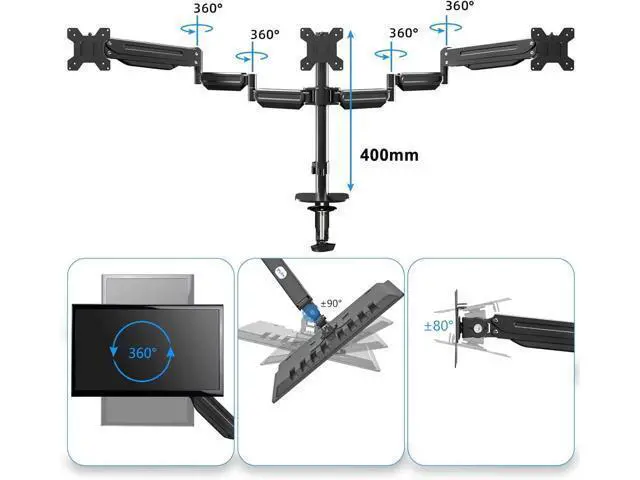 Alt view image 3 of 7 - suptek Triple Monitor Mount for Most 17 to 32 inch Screens,Gas Springs Adjustment Triple Monitor Desk Mount Stand with Clamp & Grommet Kit,Black(MD8003)