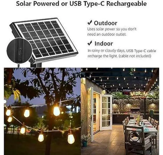 Alt view image 4 of 6 - SUNTHIN 100ft Solar String Light Outdoor, USB Rechargeable Patio Solar Outdoor Lights with Waterproof & Shatterproof 30 LED Bulbs for Backyard, Porch, Garden, Pool, Party, Camping