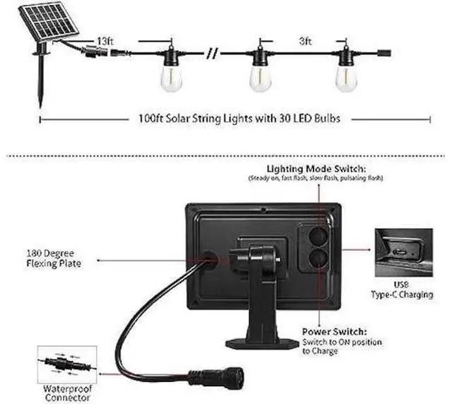 Alt view image 2 of 6 - SUNTHIN 100ft Solar String Light Outdoor, USB Rechargeable Patio Solar Outdoor Lights with Waterproof & Shatterproof 30 LED Bulbs for Backyard, Porch, Garden, Pool, Party, Camping