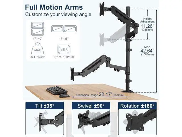 Alt view image 5 of 7 - Stacked Monitor Mount - Extra Tall Vertical Monitors Stand for 17-40 Inch Screen, Fully Adjustable and Hold 26.4 lbs per Arm, VESA 75/100 mm