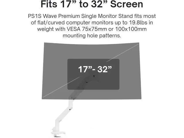 Alt view image 2 of 7 - Pixio PS1S Wave White Single Monitor Arm Stand Desk Mount - Fits up to 32 inches Monitors and up to 19.8lbs. VESA Compatibility and Integrated Cable Management