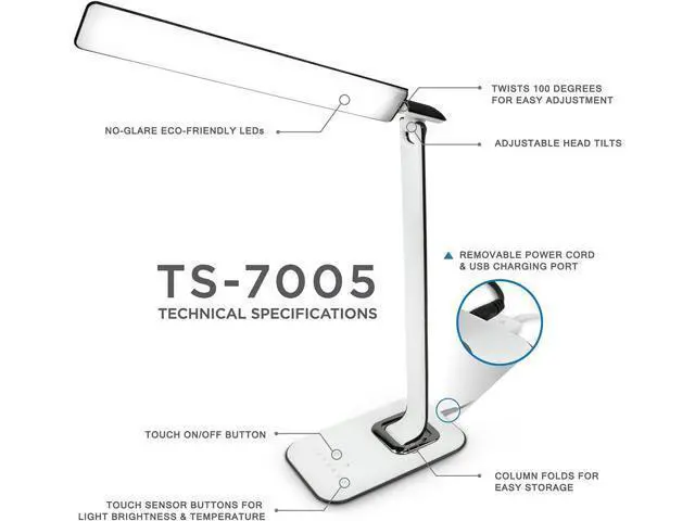 Alt view image 6 of 7 - Turcom LED Desk Lamp With USB Charging Port Dimmable Touch Controls w/Color Adjustment, Eye Care Task Lamp, 5W, 1000 Lux,Multicolor