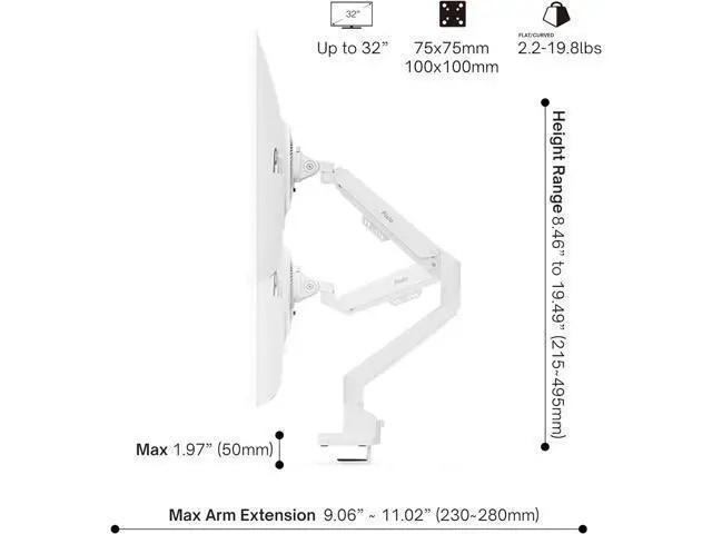 Alt view image 4 of 7 - Pixio PS1S Wave White Single Monitor Arm Stand Desk Mount - Fits up to 32 inches Monitors and up to 19.8lbs. VESA Compatibility and Integrated Cable Management