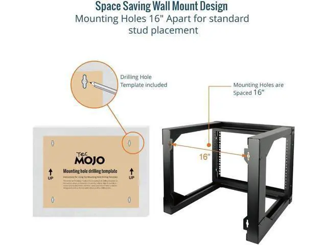 Alt view image 4 of 6 - Tecmojo 6U Wall Mount Server Rack, Open Frame Network Rack for 19" Computer/AV/Data/IT/Media Equipment, 18" Depth, 16" Apart Mounting Holes, Swing Gate, Square and Tapped Holes