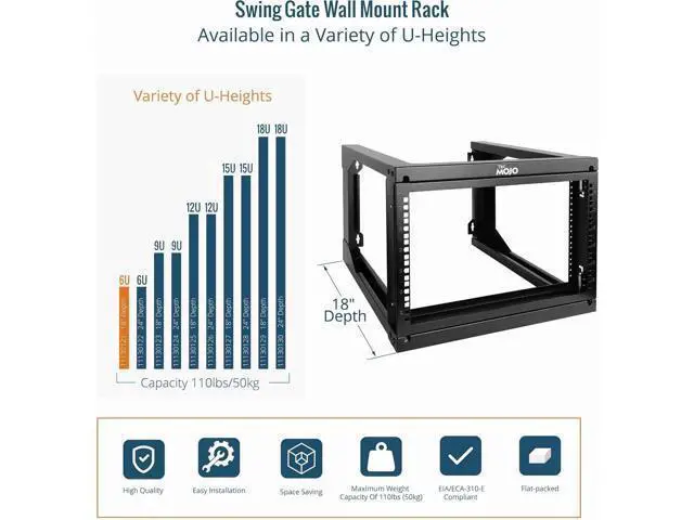 Alt view image 5 of 6 - Tecmojo 6U Wall Mount Server Rack, Open Frame Network Rack for 19" Computer/AV/Data/IT/Media Equipment, 18" Depth, 16" Apart Mounting Holes, Swing Gate, Square and Tapped Holes