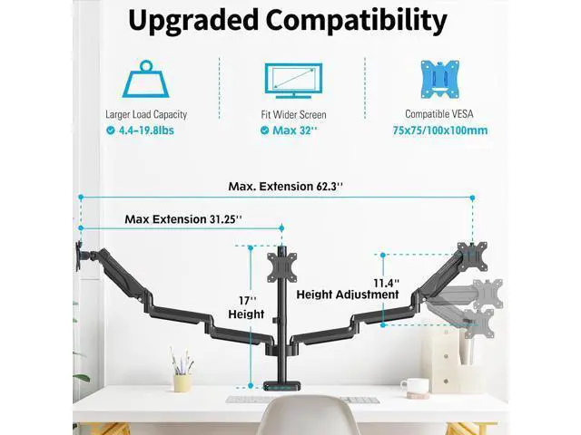 Alt view image 3 of 7 - MOUNTUP Triple Monitor Mount for 17-32 inch Screens, Full Motion Triple Monitor Stand, 3 Monitors Desk Mount Holds 4.4-19.8 lbs Each, Clamp & Grommet Mounting, Black