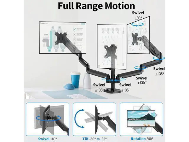Alt view image 4 of 7 - MOUNTUP Triple Monitor Mount for 17-32 inch Screens, Full Motion Triple Monitor Stand, 3 Monitors Desk Mount Holds 4.4-19.8 lbs Each, Clamp & Grommet Mounting, Black