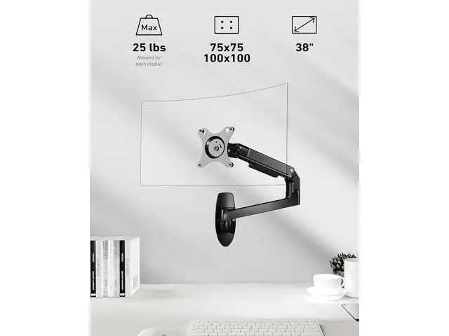 Alt view image 2 of 7 - Monitor Wall Mount for Flat or Curved Screens up to 38" Within 25 lbs, Full Motion Adjustable Monitor Arm Wall Mount with Cable Management, VESA 75x75/100x100mm, Black