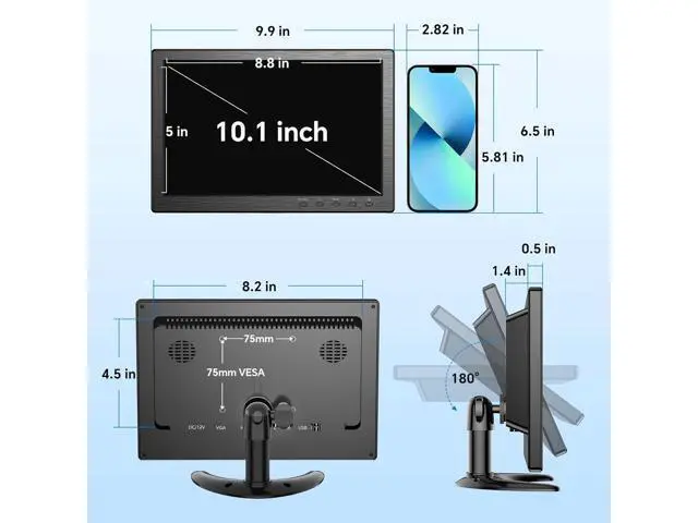 Alt view image 5 of 7 - Eyoyo 10.1 inch Security Monitor 1366x768 Resolution, Small HDMI Monitor Supporting HDMI VGA AV BNC USB Input, Small Screen with Built-in Speakers for PC CCTV Camera NVR(EM101AD)