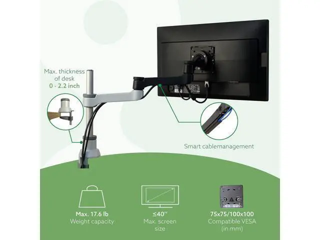 Alt view image 3 of 6 - R-Go Zepher Monitor Arm, Single Monitor Desk Mount with Clamp, Adjustable Height & Rotation, Customizable Options for Optimal Ergonomics, up to 32Inch Monitors, Weigh max 8KG, Matte silver/black
