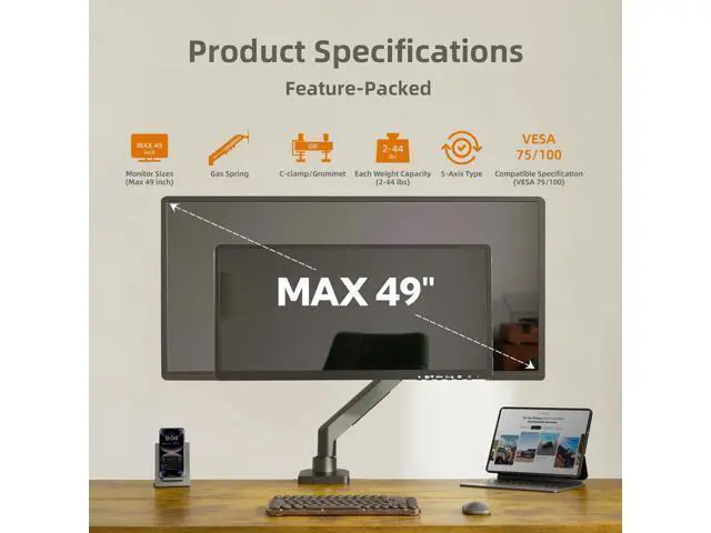Alt view image 3 of 7 - Claiks Single Monitor Mount for Max 49 inch Screens Stand up to Max 44 lbs, Ergonomic Gas Spring Heavy-Duty Adjustable Monitor Arm, with Clamp and Grommet Base, VESA Mounting Holes 75&100mm, Black
