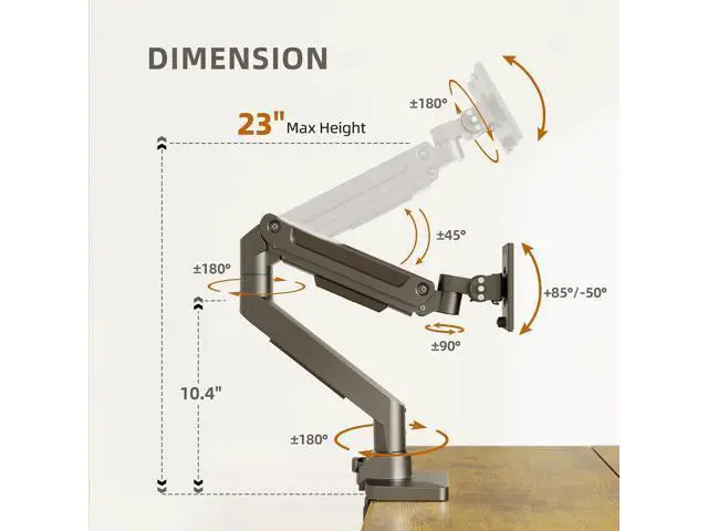 Alt view image 4 of 7 - Claiks Single Monitor Mount for Max 49 inch Screens Stand up to Max 44 lbs, Ergonomic Gas Spring Heavy-Duty Adjustable Monitor Arm, with Clamp and Grommet Base, VESA Mounting Holes 75&100mm, Black