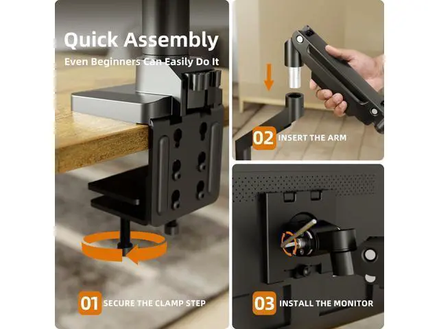 Alt view image 6 of 7 - Claiks Single Monitor Mount for Max 49 inch Screens Stand up to Max 44 lbs, Ergonomic Gas Spring Heavy-Duty Adjustable Monitor Arm, with Clamp and Grommet Base, VESA Mounting Holes 75&100mm, Black