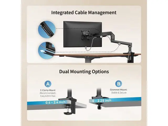 Alt view image 6 of 7 - Single Monitor Arm Desk Mount, Holds Screens up to 40 Inches and 25 lbs, Fully Adjustable Vesa Monitor Mount with C-Clamp and Grommet Base, Aluminum, Black
