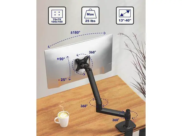 Alt view image 2 of 7 - Single Monitor Arm Desk Mount, Holds Screens up to 40 Inches and 25 lbs, Fully Adjustable Vesa Monitor Mount with C-Clamp and Grommet Base, Aluminum, Black