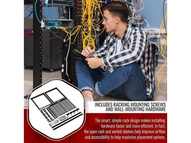 Alt view image 5 of 7 - 10U Server Rack Heavy Duty Open Frame Network Rack Mount 19 Inch - Wall Mount or Floor Standing IT Equipment Cabinet - 400lbs Capacity Networking Data Center Rack with 2 Vented Shelves - Vivlly