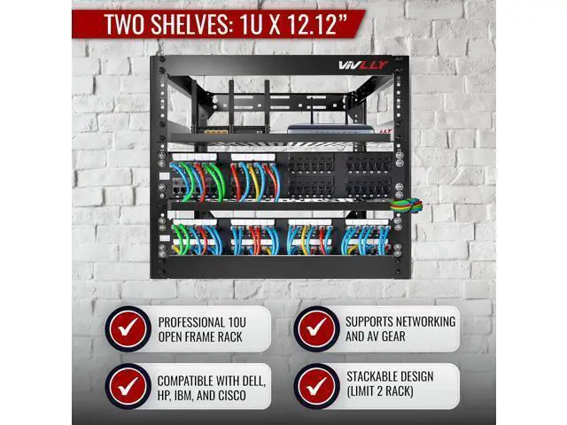 Alt view image 2 of 7 - 10U Server Rack Heavy Duty Open Frame Network Rack Mount 19 Inch - Wall Mount or Floor Standing IT Equipment Cabinet - 400lbs Capacity Networking Data Center Rack with 2 Vented Shelves - Vivlly