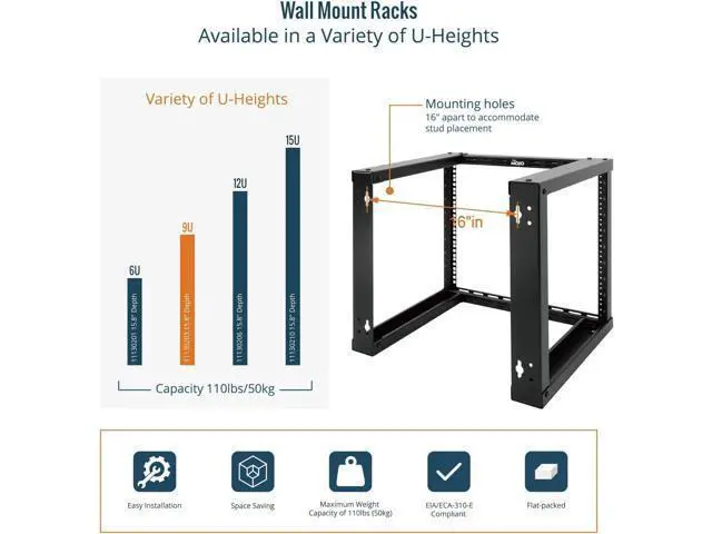 Alt view image 5 of 6 - Tecmojo 9U Fixed Wall Mount Network Rack 15.8inch Depth Open Frame for Server Data/AV/IT/Communication/Computer Equipment/Patch Panel Heavy Duty