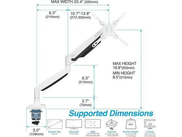 Alt view image 2 of 6 - AVLT Single 17"-45" Monitor Arm Desk Mount Premium Mechanical Spring fits One Flat/Curved/Ultrawide Monitor Full Motion Height Swivel Tilt Rotation Adjustable, White