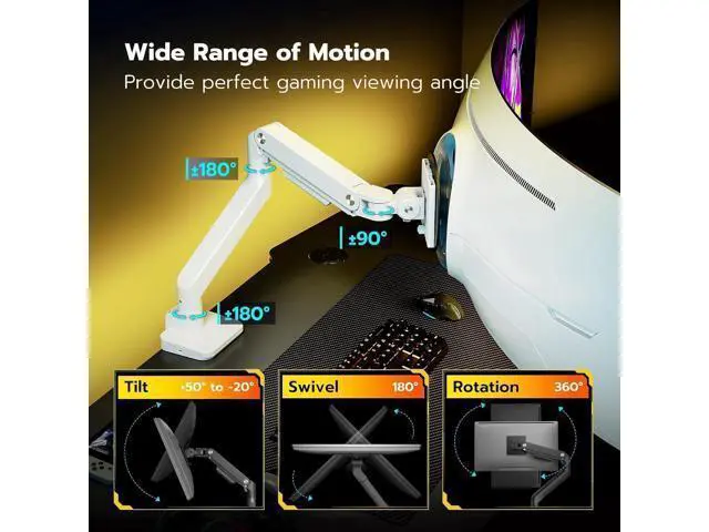 Alt view image 4 of 7 - ARES WING Ultrawide Monitor Arms White with USB A/C, Heavy Duty Monitor Arm for 17 to 49 inch Screen, Holds 44 lbs, Adjustable Gas Spring Desk Mount with Clamp and Grommet Base
