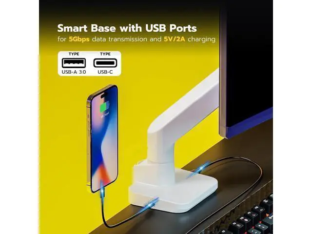 Alt view image 5 of 7 - ARES WING Ultrawide Monitor Arms White with USB A/C, Heavy Duty Monitor Arm for 17 to 49 inch Screen, Holds 44 lbs, Adjustable Gas Spring Desk Mount with Clamp and Grommet Base