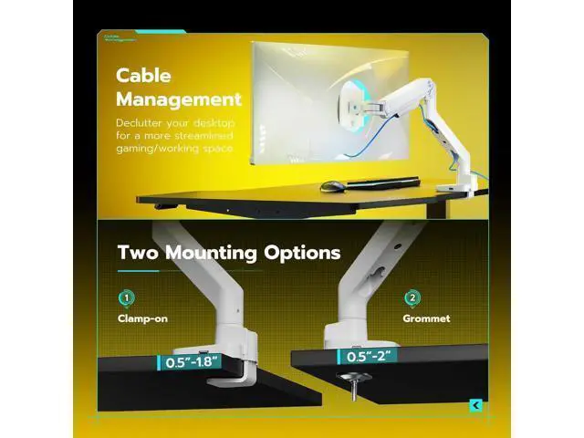Alt view image 7 of 7 - ARES WING Ultrawide Monitor Arms White with USB A/C, Heavy Duty Monitor Arm for 17 to 49 inch Screen, Holds 44 lbs, Adjustable Gas Spring Desk Mount with Clamp and Grommet Base