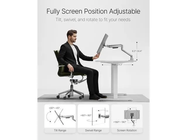 Alt view image 4 of 7 - monTEK Deluxe Monitor Arm with USB A/C up to 40 Inch Holds 26.4 lbs Curved Screens Aluminum Fully Motion Single Monitor Stand with Clamp/Grommet, Quick Release Plate,75/100mm VESA,MA1008UCSL