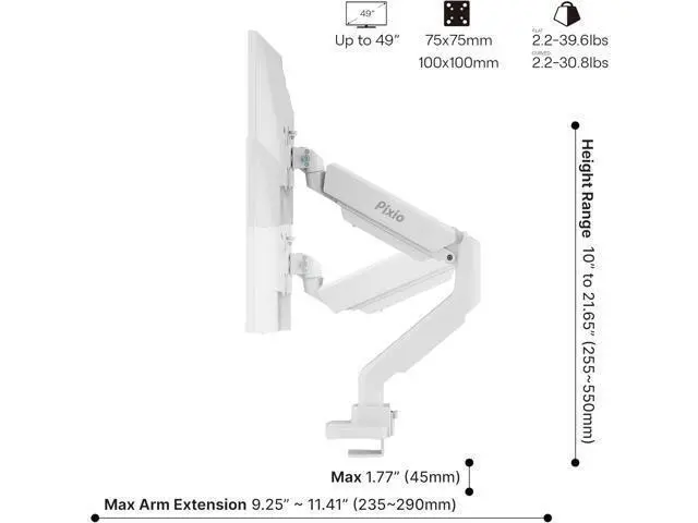 Alt view image 4 of 7 - Pixio PS2S White Ultrawide Heavy-Duty Premium Single Monitor Arm Stand Desk Mount - Fits up to 49 inches Monitors, Weights up to 39lbs Flat / 31lbs Curved, Compatible with VESA 75x75 100x100mm