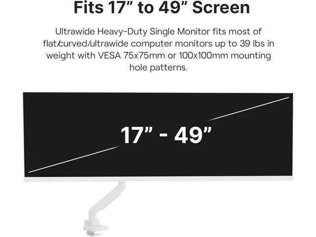 Alt view image 2 of 7 - Pixio PS2S White Ultrawide Heavy-Duty Premium Single Monitor Arm Stand Desk Mount - Fits up to 49 inches Monitors, Weights up to 39lbs Flat / 31lbs Curved, Compatible with VESA 75x75 100x100mm