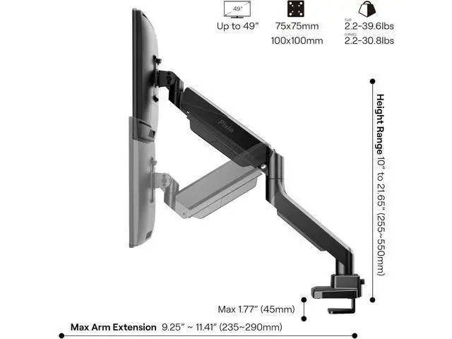 Alt view image 4 of 7 - Pixio PS2S Ultrawide Heavy-Duty Premium Single Monitor Arm Stand Desk Mount - Fits up to 49 inches Monitors, Weights up to 39lbs Flat / 31lbs Curved, Compatible with VESA 75x75mm 100x100mm