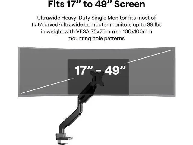 Alt view image 2 of 7 - Pixio PS2S Ultrawide Heavy-Duty Premium Single Monitor Arm Stand Desk Mount - Fits up to 49 inches Monitors, Weights up to 39lbs Flat / 31lbs Curved, Compatible with VESA 75x75mm 100x100mm