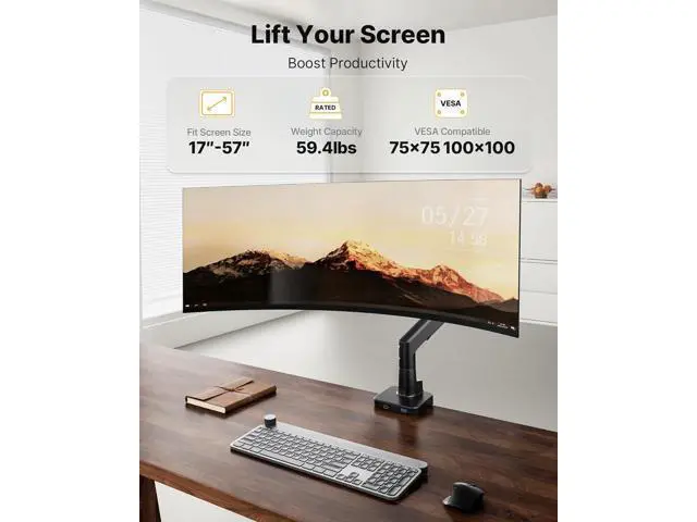 Alt view image 4 of 7 - monTEK Sleek Aluminum Monitor Arm for 1757 Ultrawide Screens up to 59.4 lbs, USB 3.0 A/C, Heavy Duty Single Monitor Arm Desk Mount, Pneumatic Lift, Quick-Release Plate, Clamp/Grommet, VESA 100x100