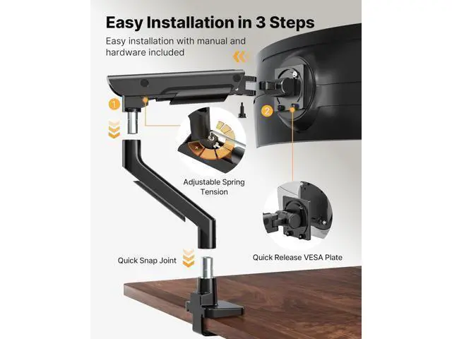 Alt view image 6 of 7 - monTEK Sleek Aluminum Monitor Arm for 1757 Ultrawide Screens up to 59.4 lbs, USB 3.0 A/C, Heavy Duty Single Monitor Arm Desk Mount, Pneumatic Lift, Quick-Release Plate, Clamp/Grommet, VESA 100x100